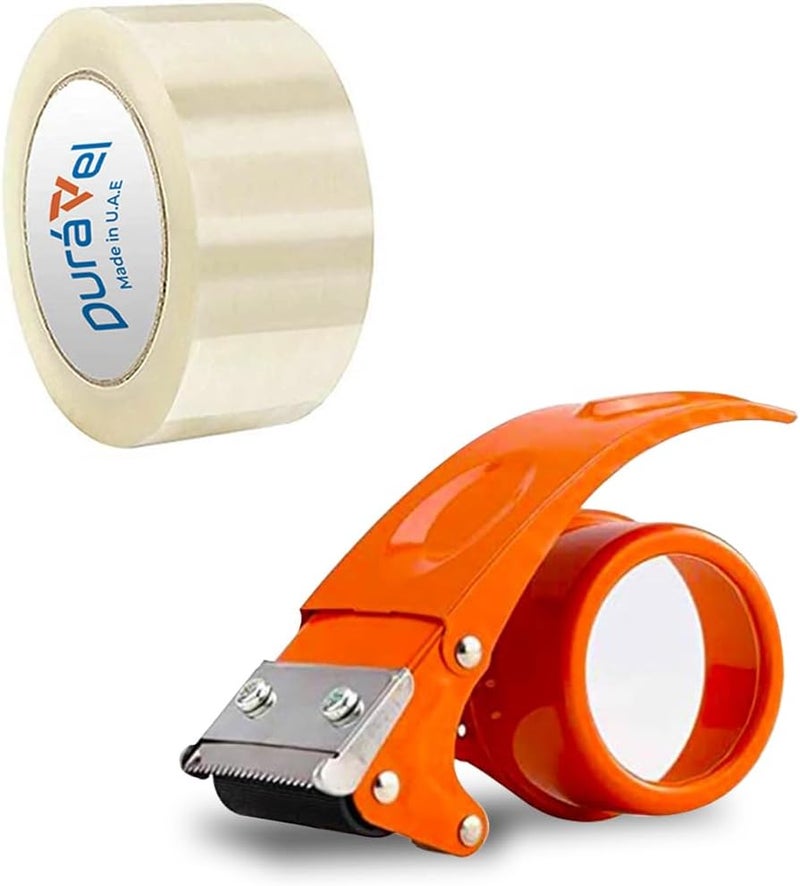 Duravel Packing Tape Dispenser with Clear Tape Roll - Ergonomic Orange Handheld Tape Gun - Image 1